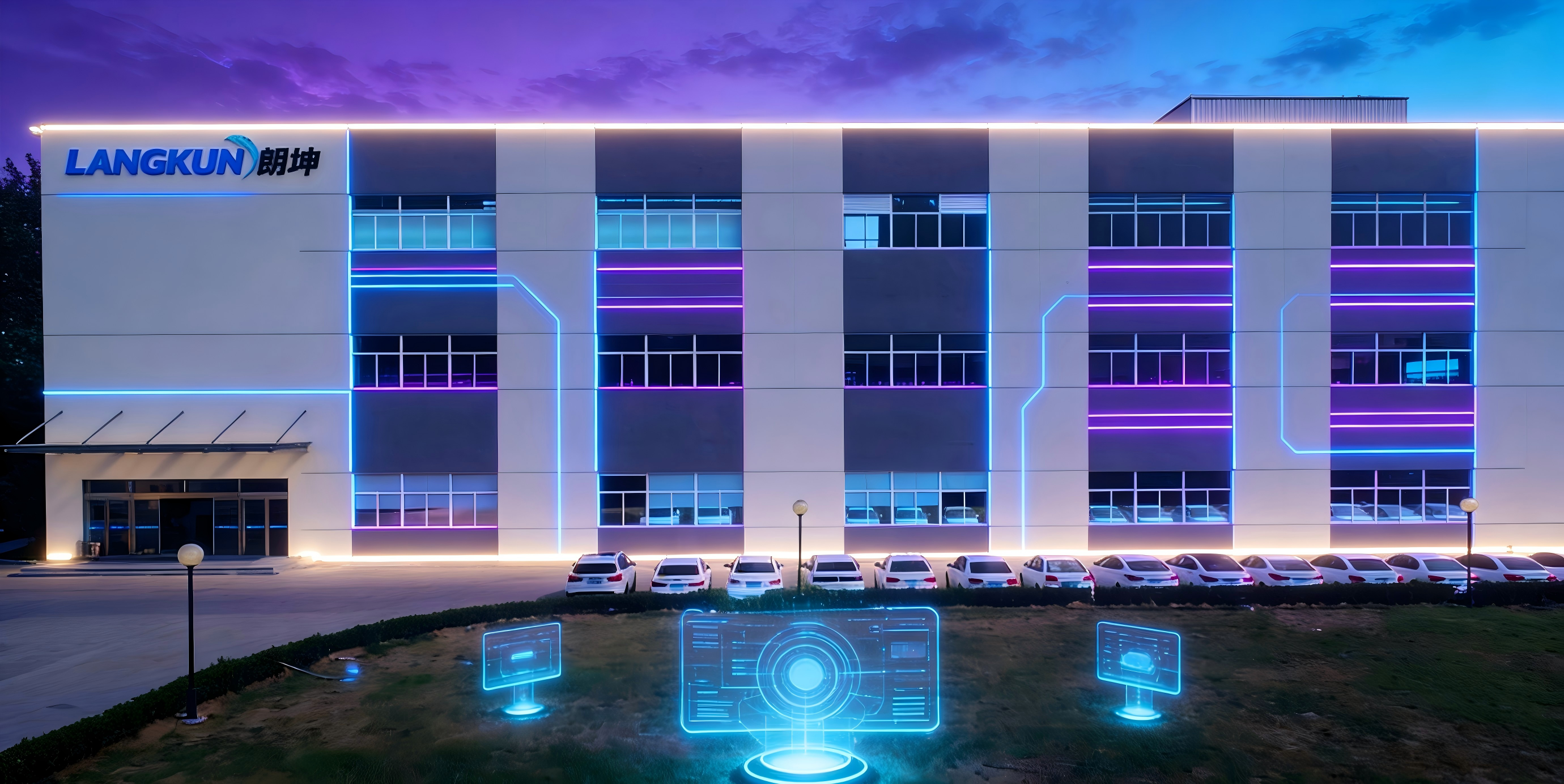苏州朗坤自动化设备股份有限公司工厂外观,现代化工业建筑,蓝天白云背景,企业标识清晰可见