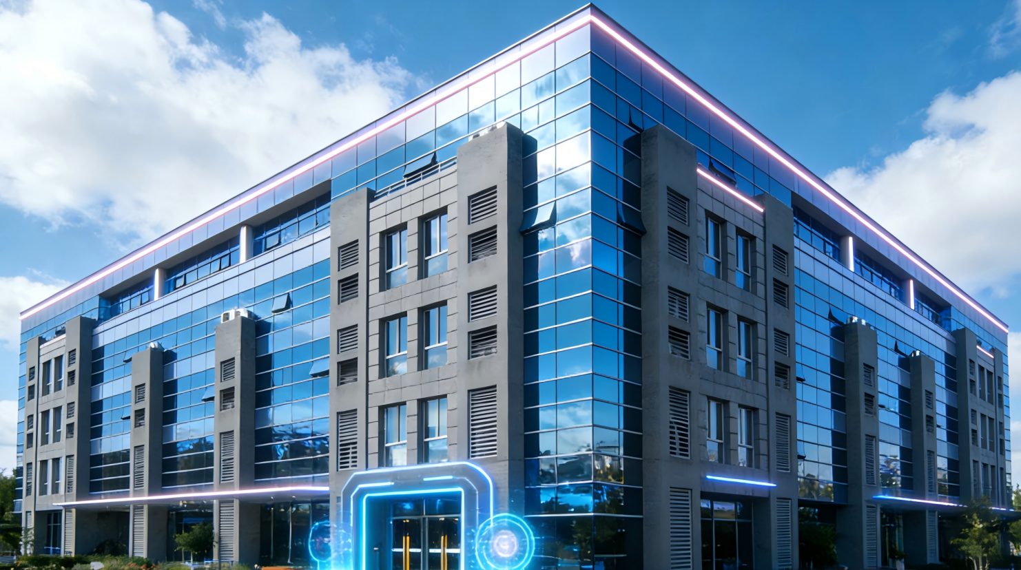 现代化办公环境,宽敞明亮的会议室,专业顾问团队正在讨论科技项目申报策略,蓝色背景,商务风格